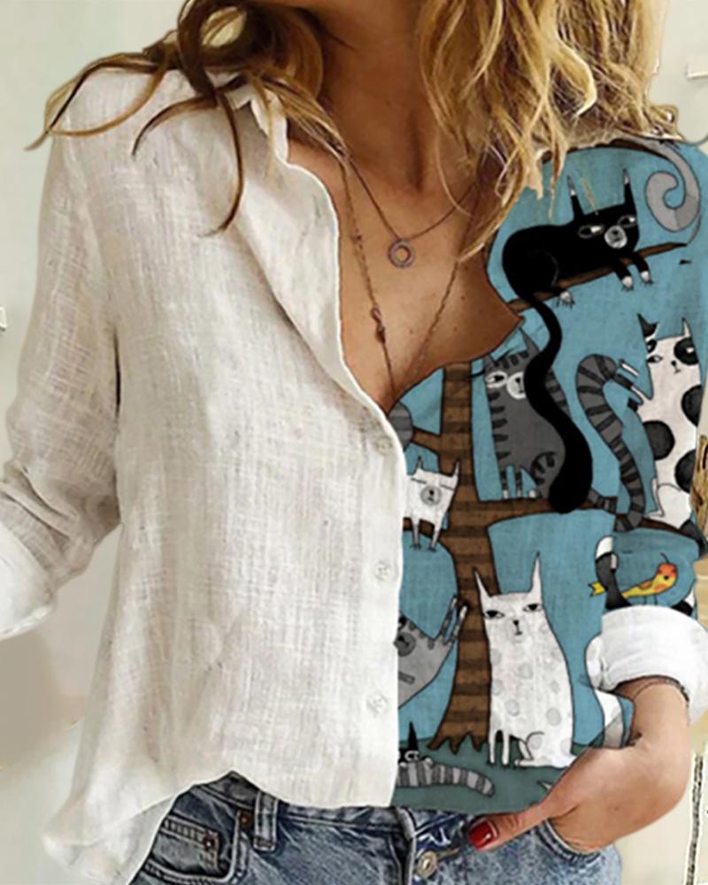 

Cat Sunflower Print Button Design Shirt, Blue