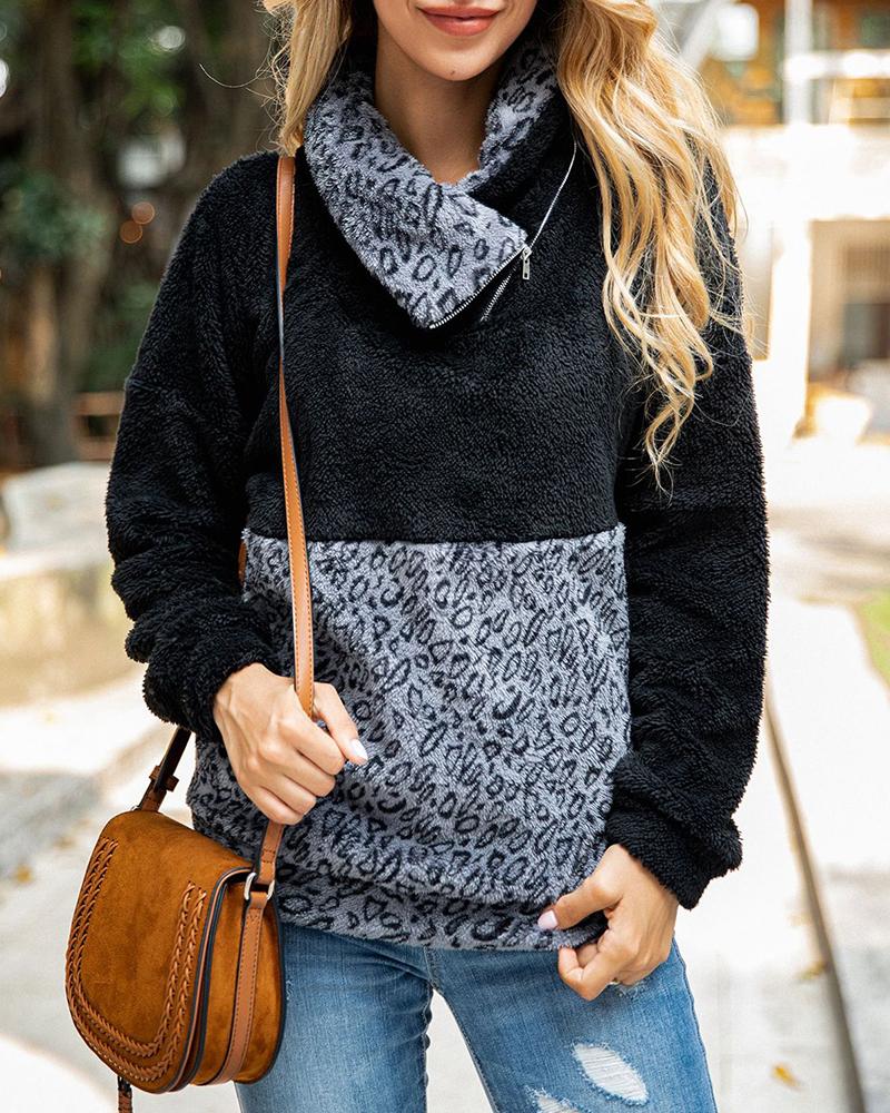 

Leopard Colorblock Zipped Neck Sweatshirt, Black