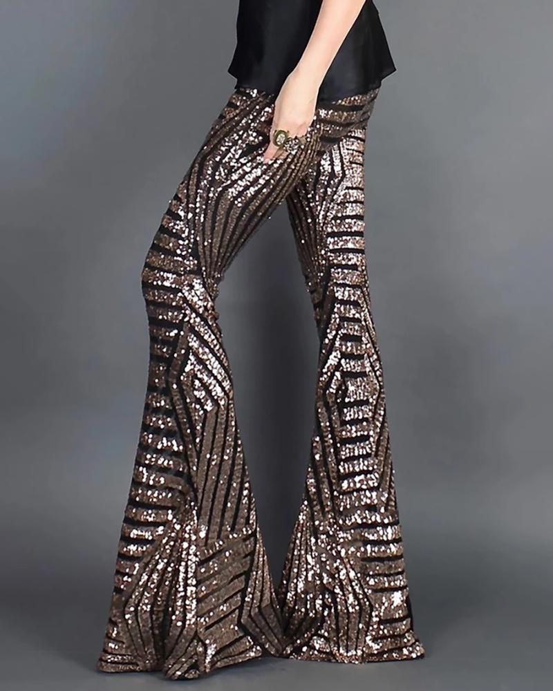 

Glitter High Waist Bell-bottomed Sequins Pants, Brown