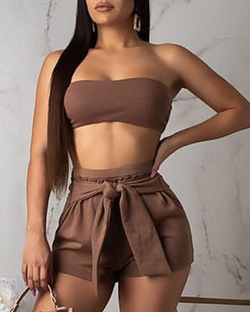 

Solid High Waist Casual Belted Shorts