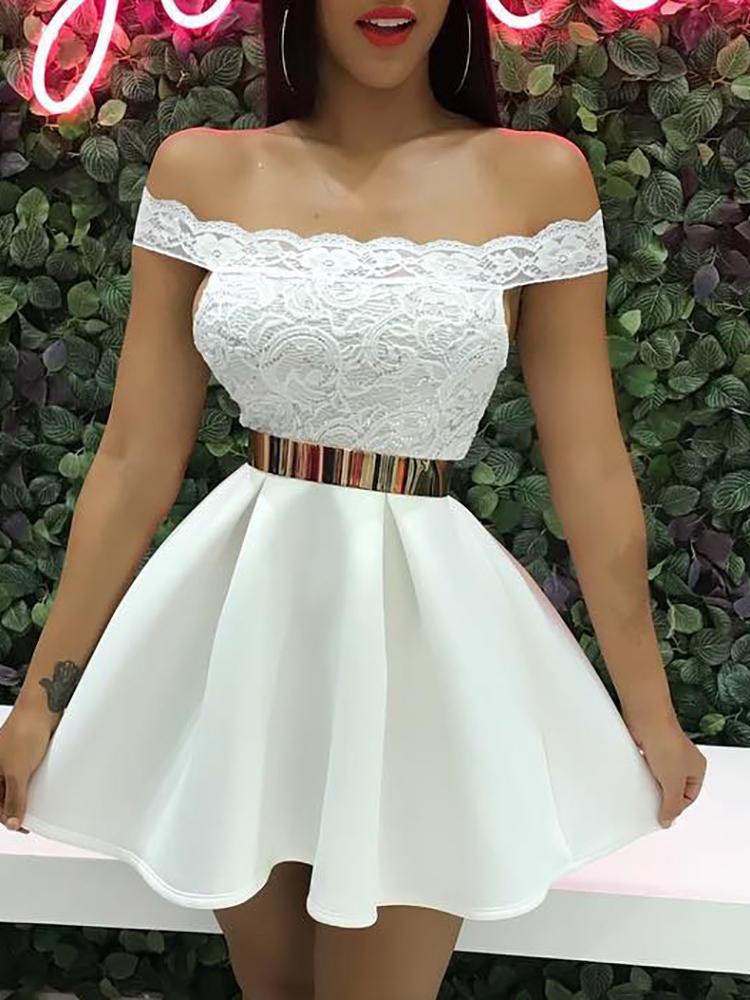 

Off Shoulder Lace Splicing Pleated Dress, White