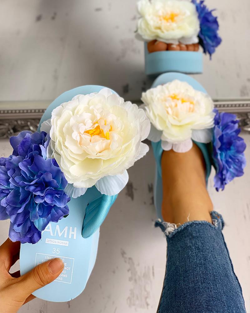 

Flower Embellished Platform Muffin Sandals, Blue