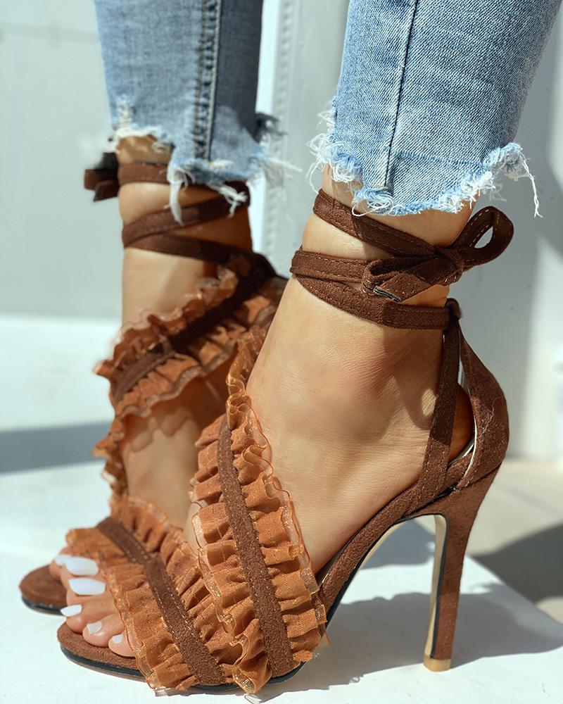 

Suede Ankle Strap Frill Hem Thin Heels, Brown