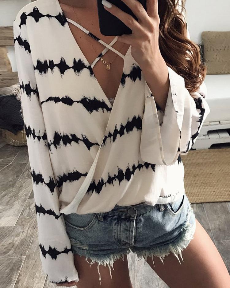 

Wave Print Crisscross Flare Sleeve Wrap Blouse, White
