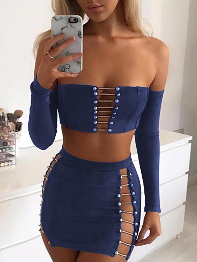 

Suede Ladder Cut Out Crop Top & Mini Skirt Sets, Blue