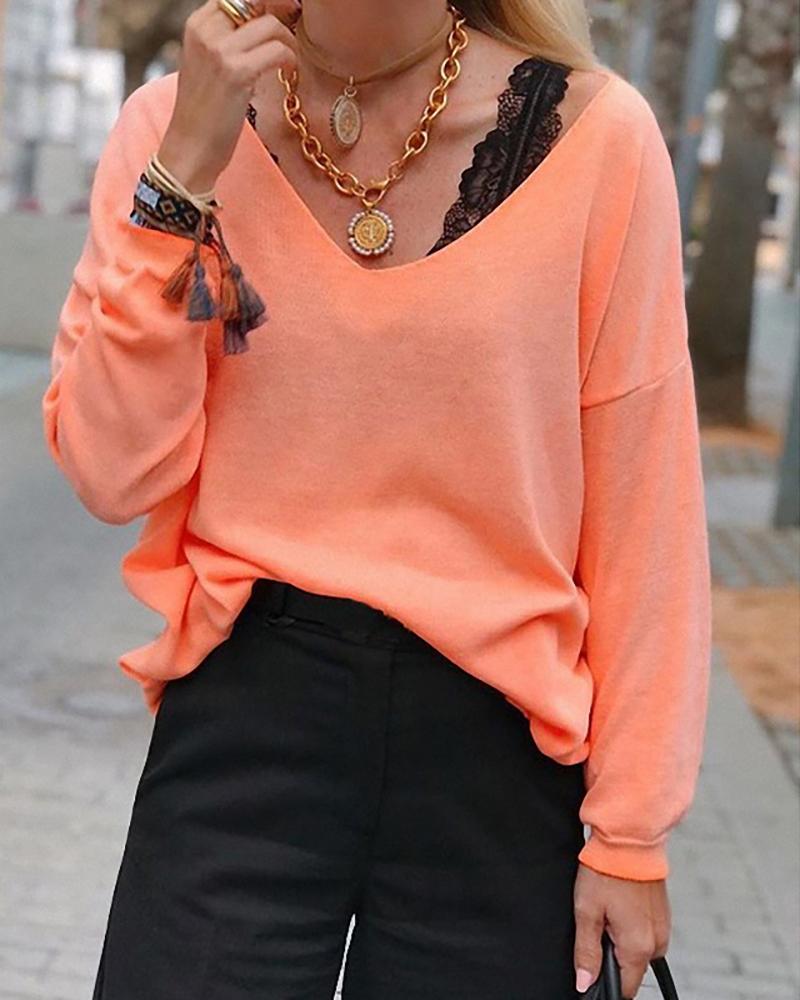 

Solid V Neck Long Sleeve Casual Blouse, Orange