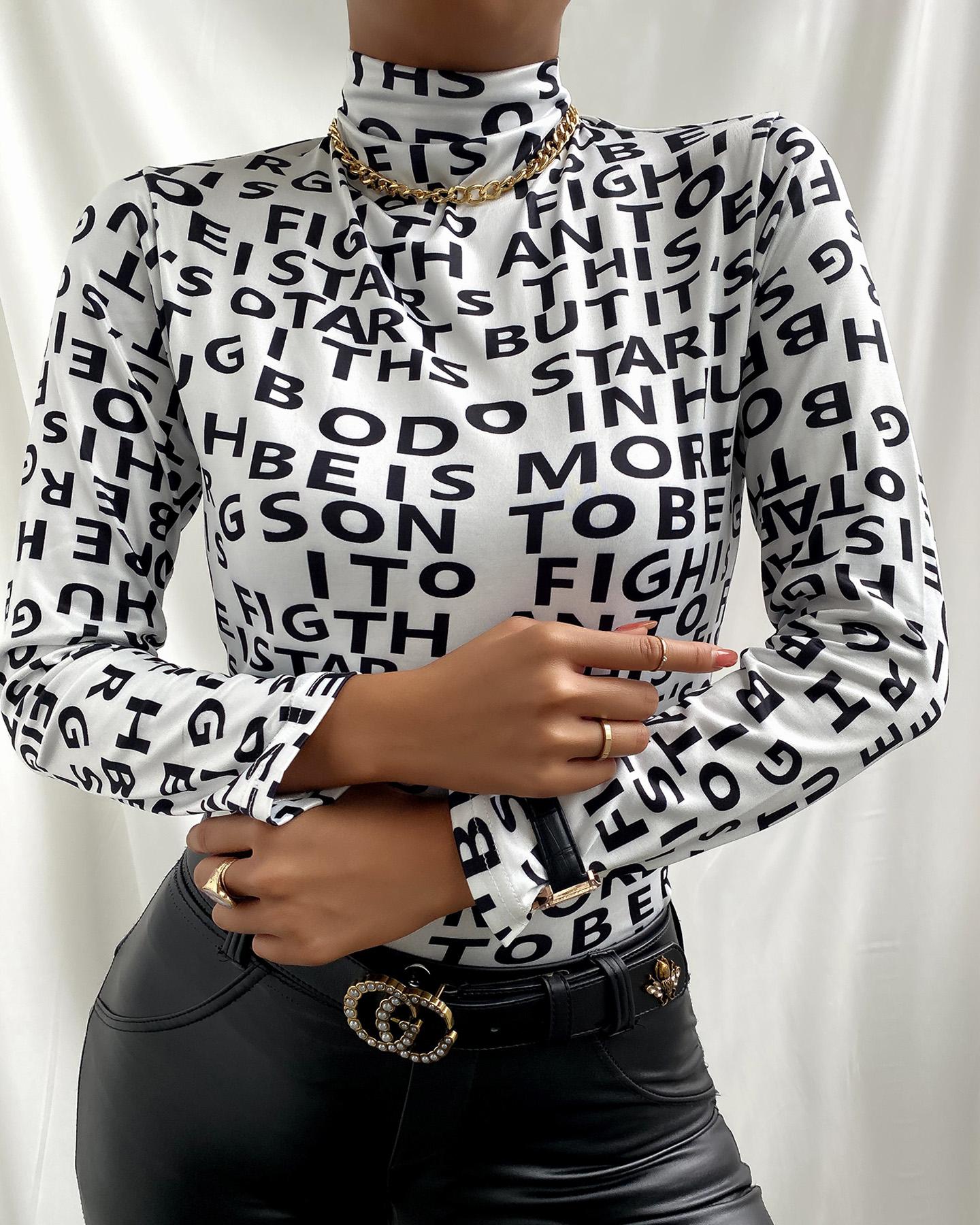 

Letter Print High Neck Long Sleeve Top, White
