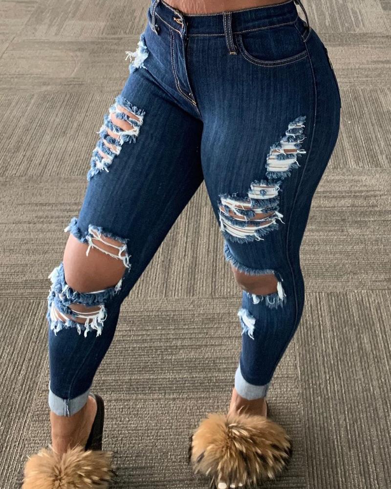 

Ripped Pockets Denim Casual Pants, Blue