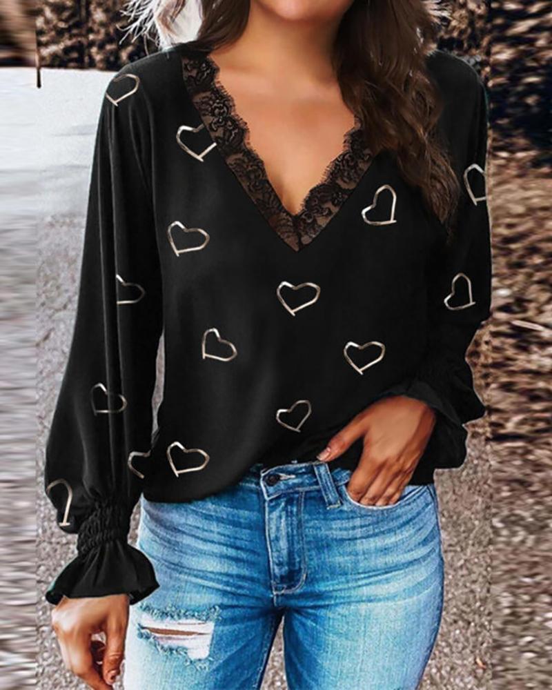 

Heart Print Lace Trim Flared Sleeve Top, Black