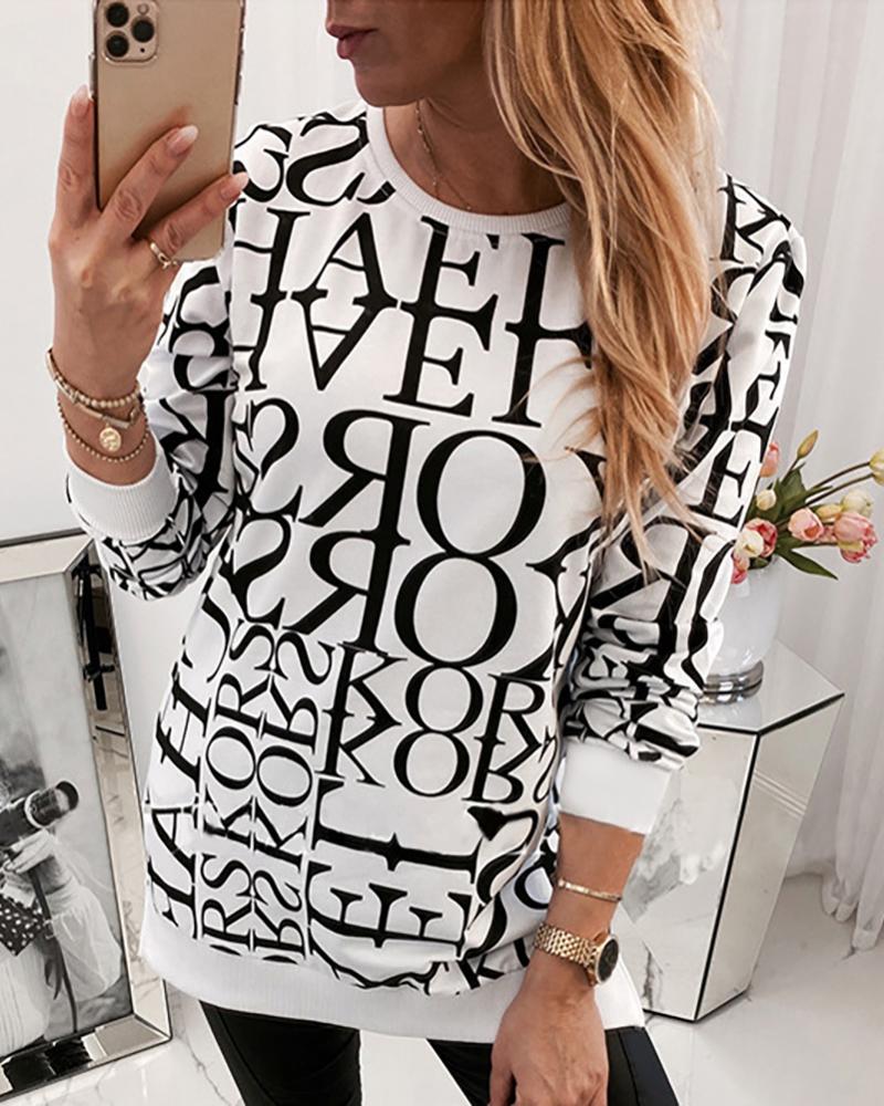 

Round Neck Letter Print Long Sleeve Casual Blouse, White