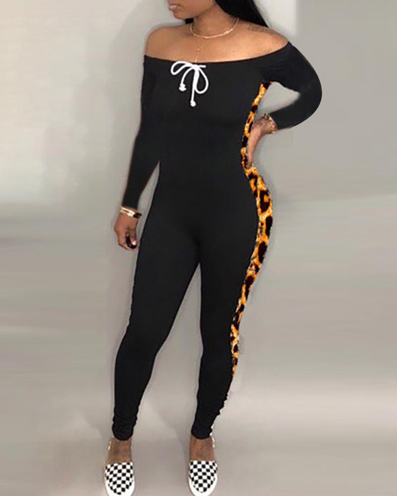 

Colorblock Leopard Off Shoulder Drawstring Jumpsuit, Black