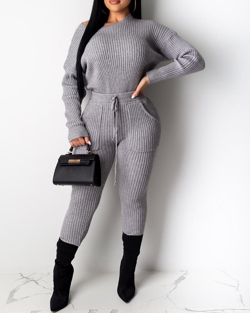 

Ribbed Skew Neck Pocket Top & Pant Sets, Gray