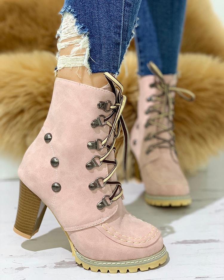 

Rivet Lace-Up Eyelet Chunky Heeled Boots
