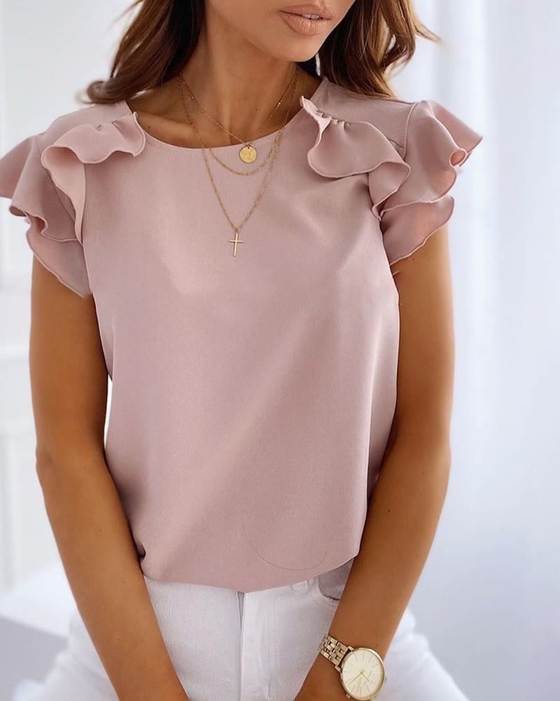 

Solid Ruffles Sleeve Casual T-shirt, Pink