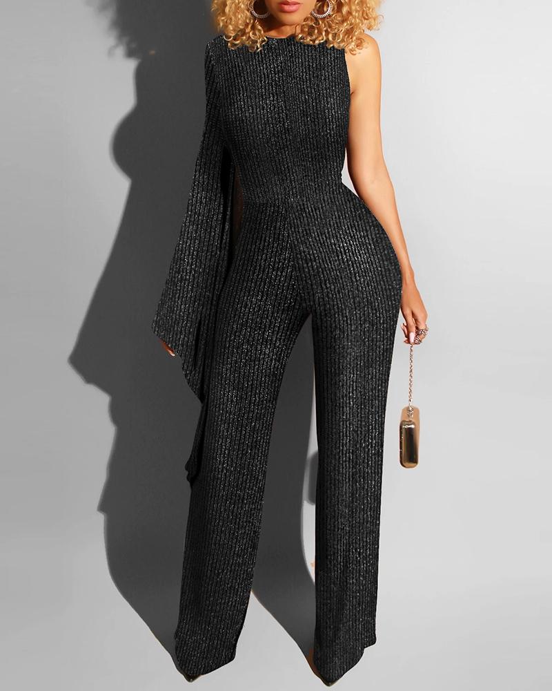 

Glitter One Shoulder Zipper Jumpsuit, Black