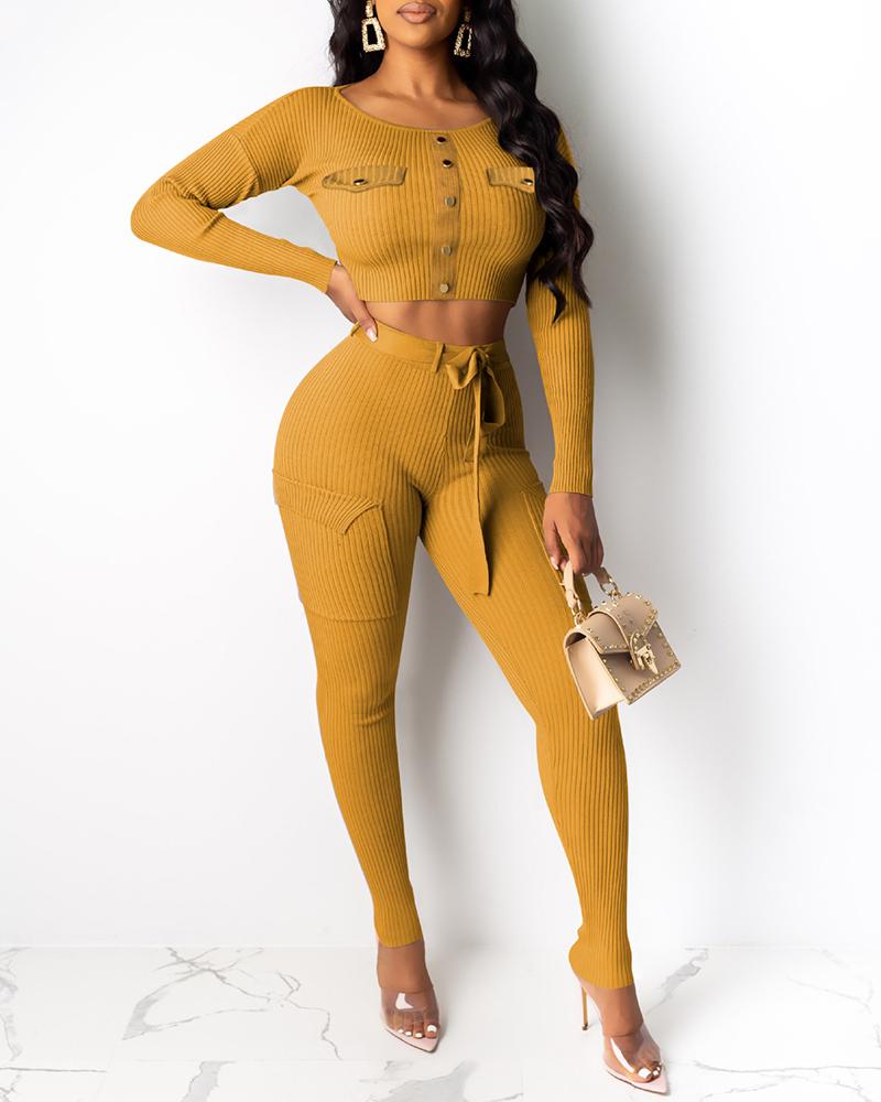 

Buttoned Ribbed Pocket Crop Top & Drawstring Pants Sets, Yellow
