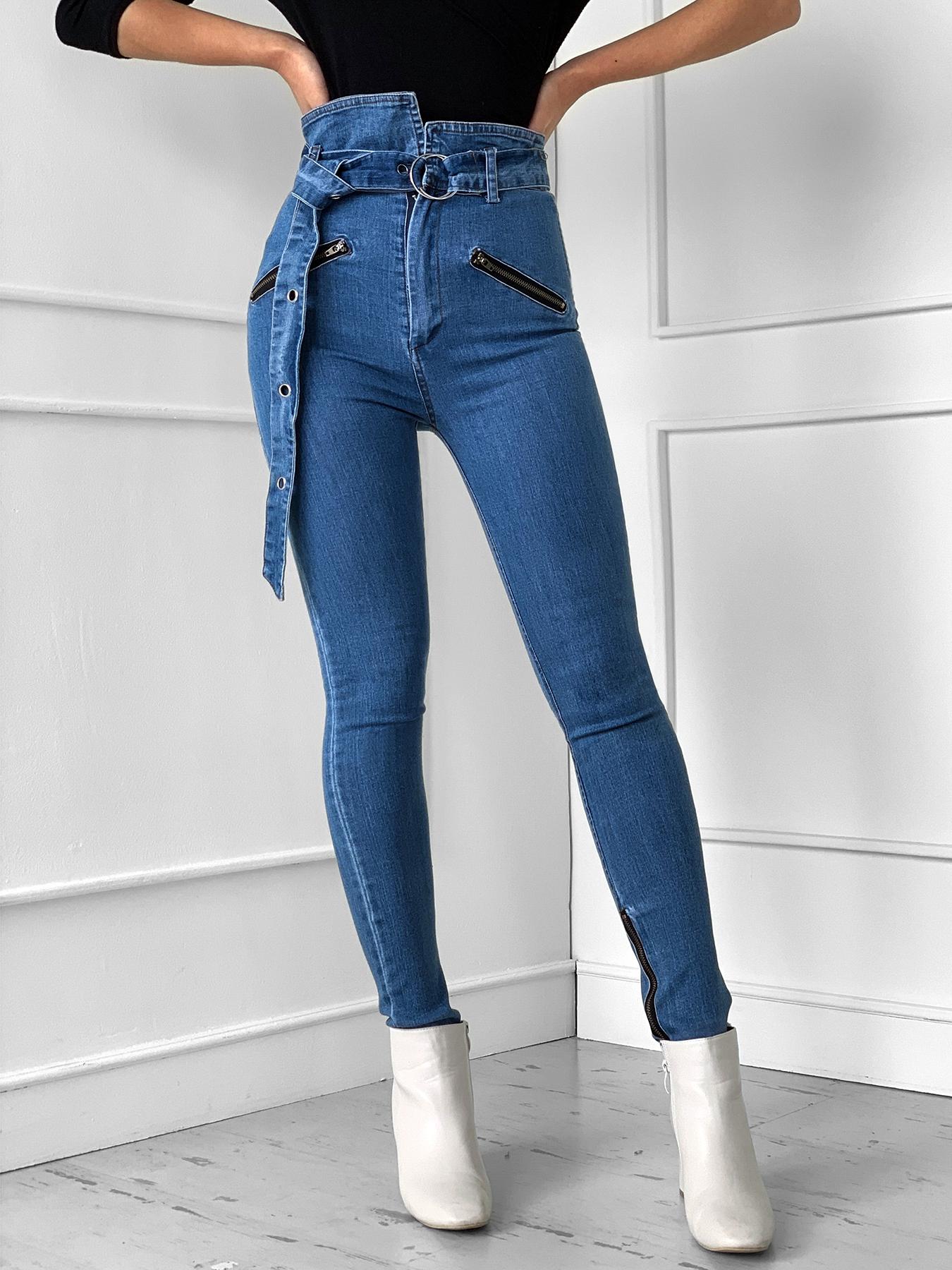 

Zipper Design O-Ring Belt Denim Pants