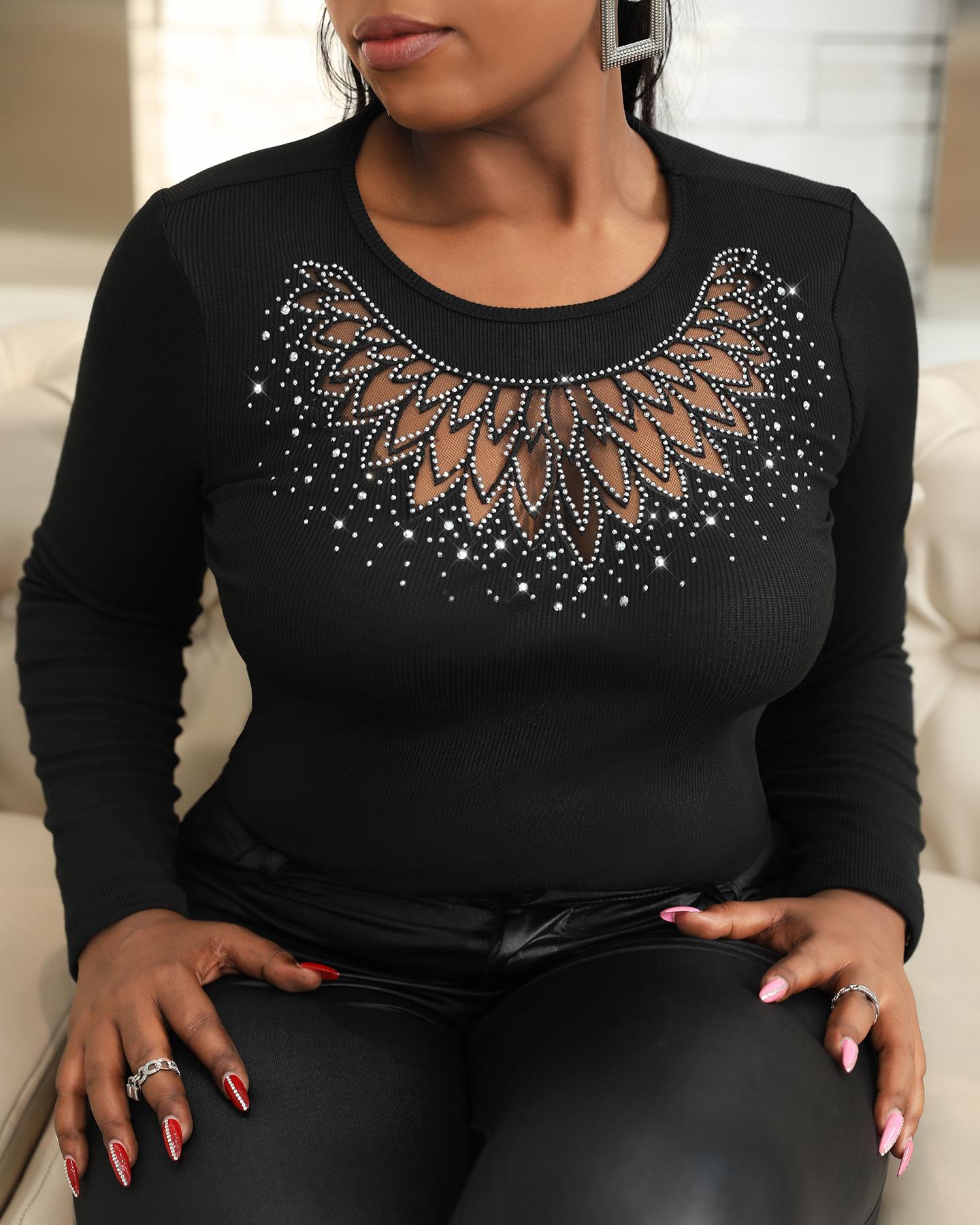 

Cutout Studded Long Sleeve Blouse, Black