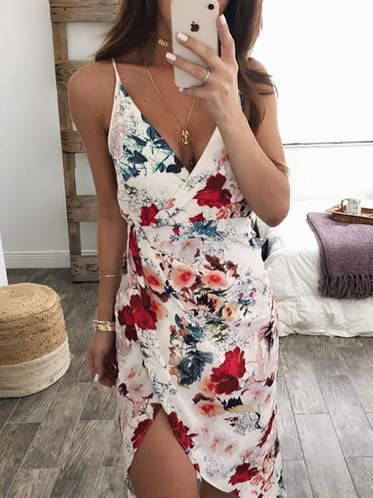 

Irregular Floral Print Wrap Sheath Slip Dress