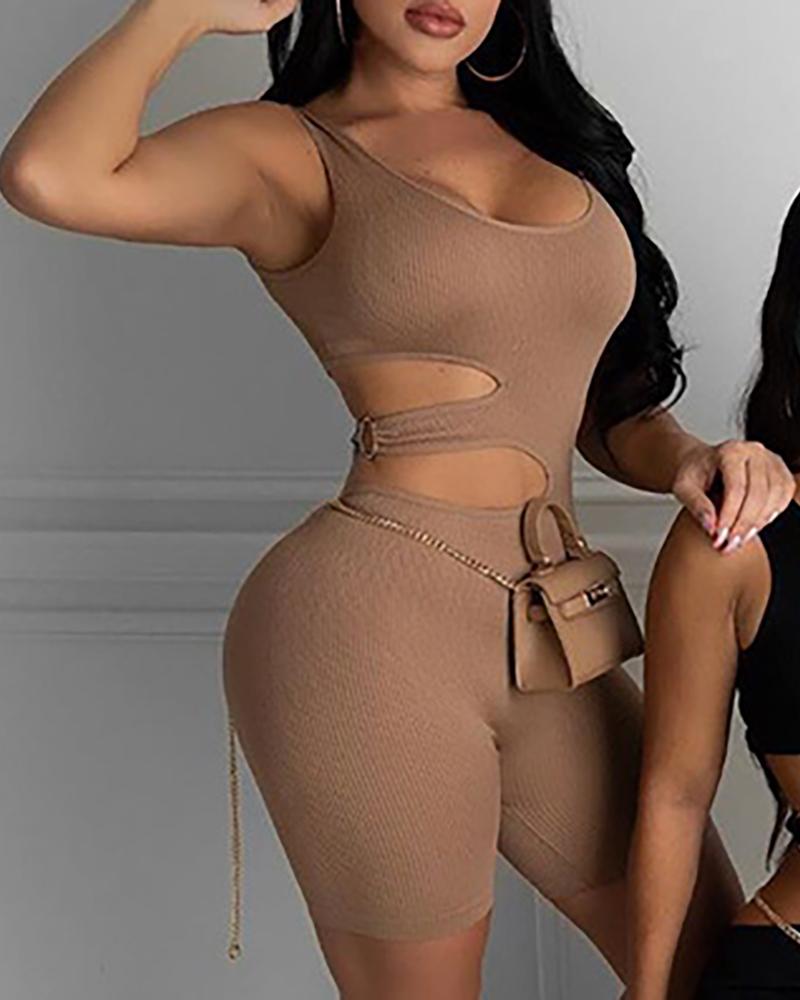 

Solid O-Ring Design Cut Out Romper, Khaki