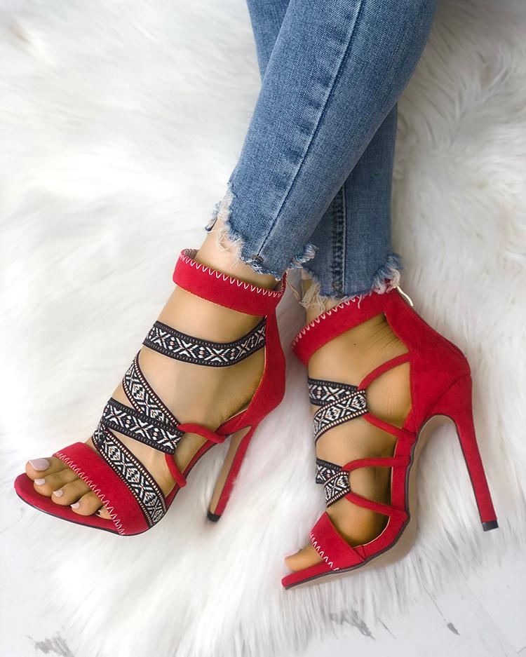 

Tribal Embellished Bandage Thin Heeled Sandals, Red