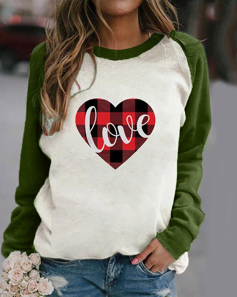 

Valentine' Heart Print Long Sleeve Sweatshirt, Green