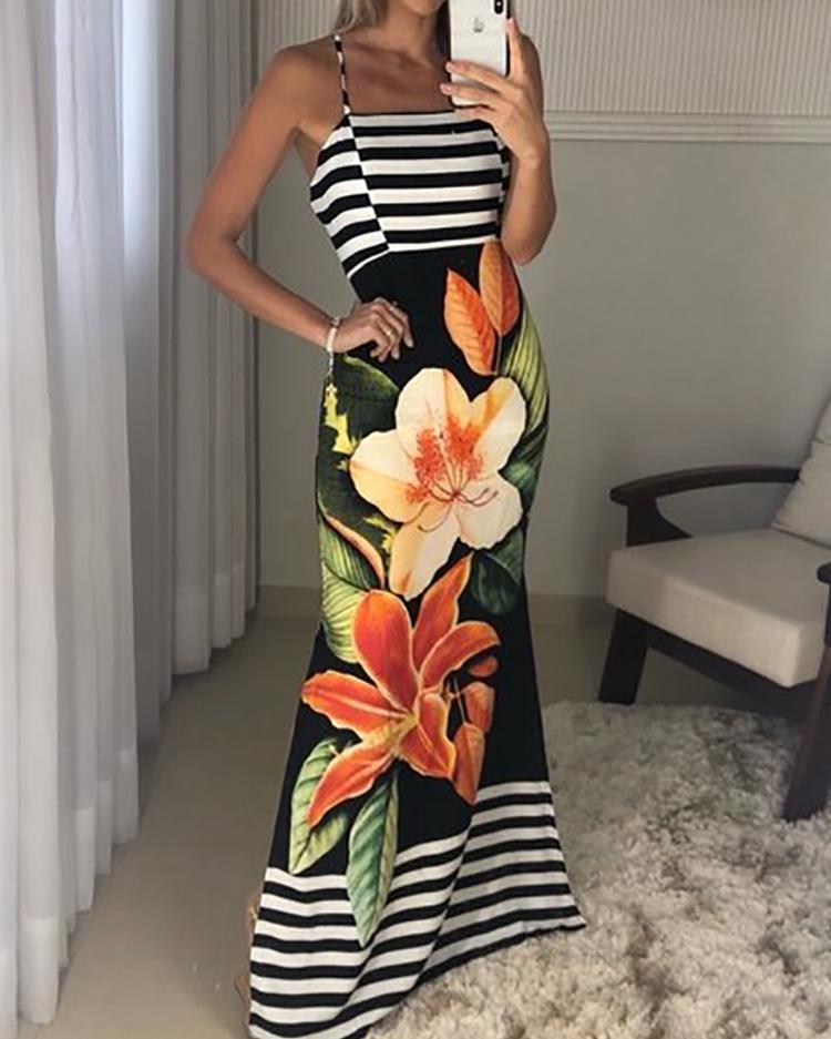 

Floral and Striped Splicing Spaghetti Strap Dress, Black