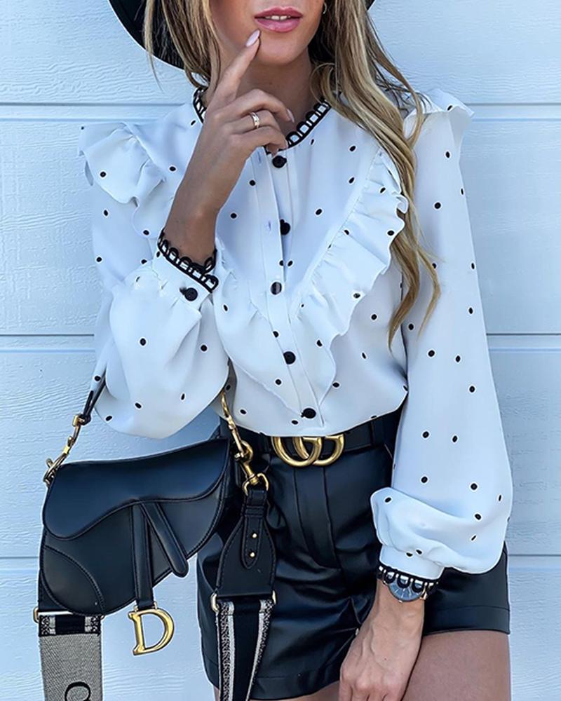 

Polka Dot Buttoned Ruffle Top, White