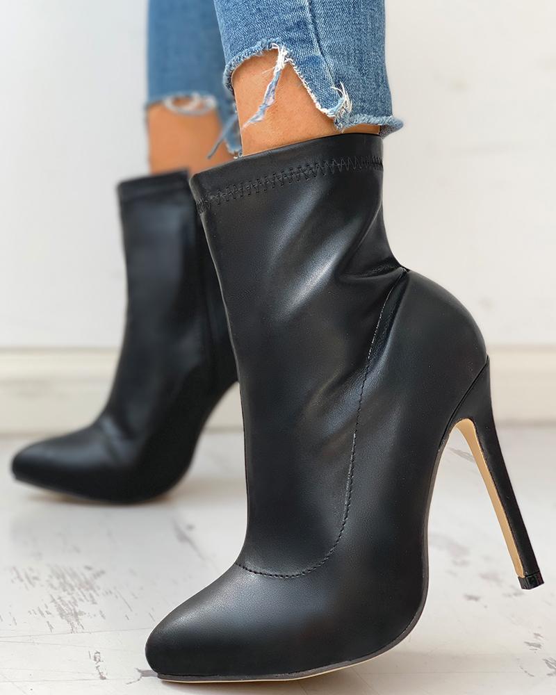 

Leather Thin Heeled Zipper Pointed Toe Boots, Black