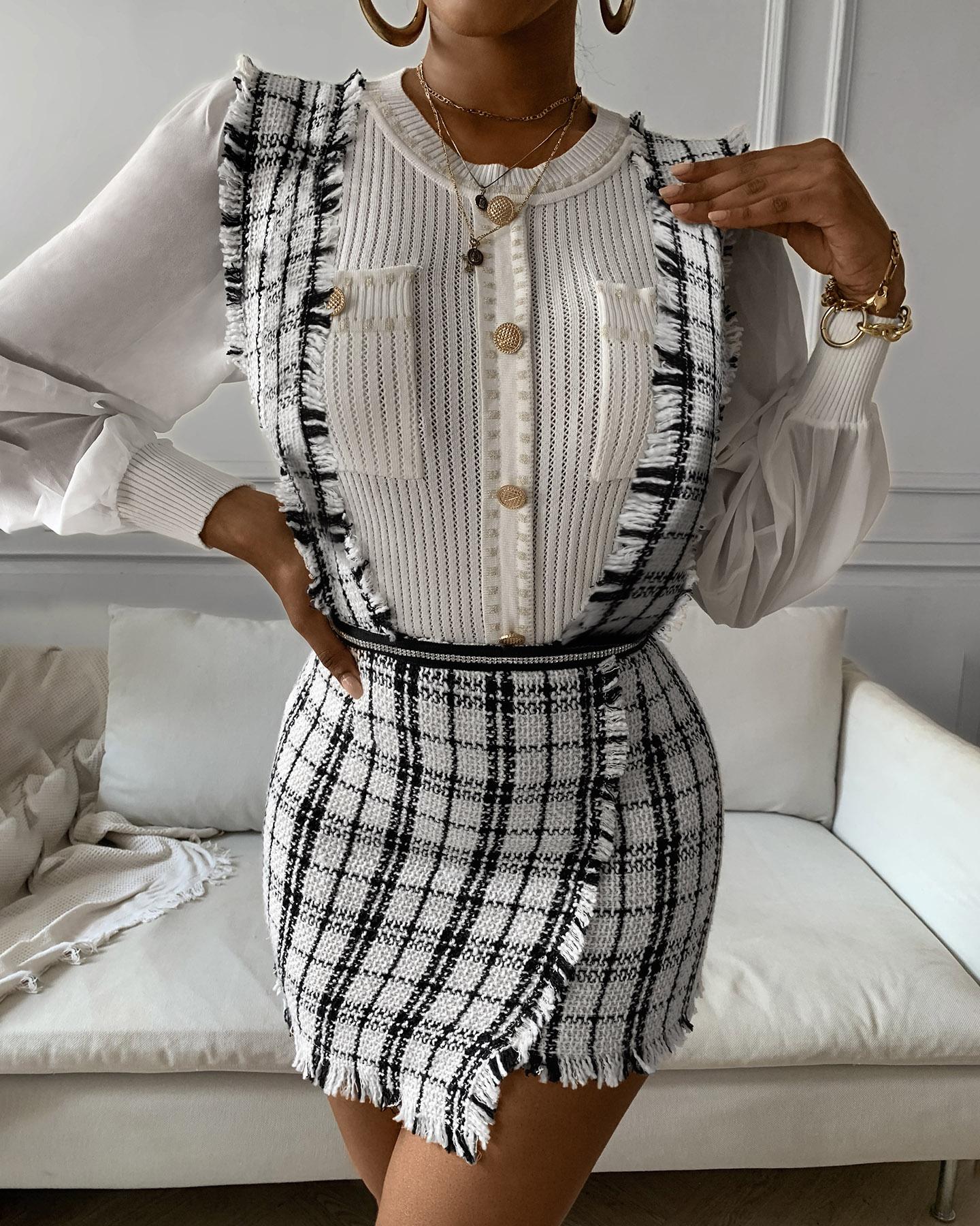 

Rove Grid Buttoned Design Suspender Dress, White