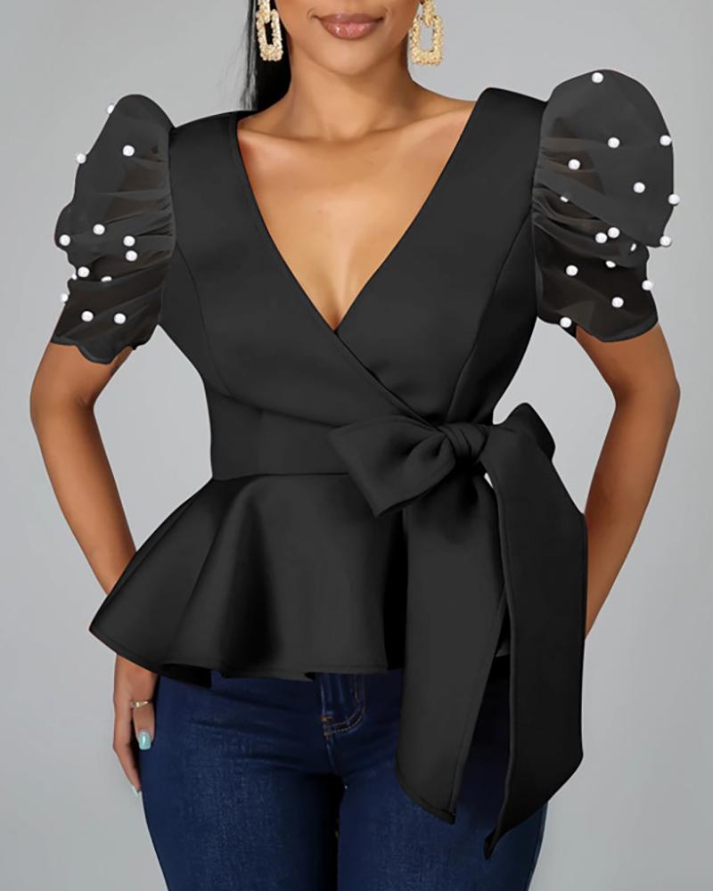 

Beaded Puffed Sleeve Ruffles Blouse, Black