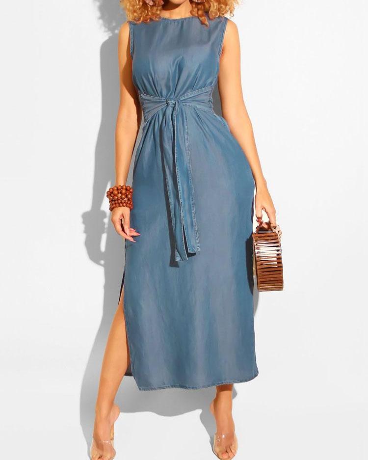 

Sleeveless Knotted Front Slit Denim Dress, Light blue