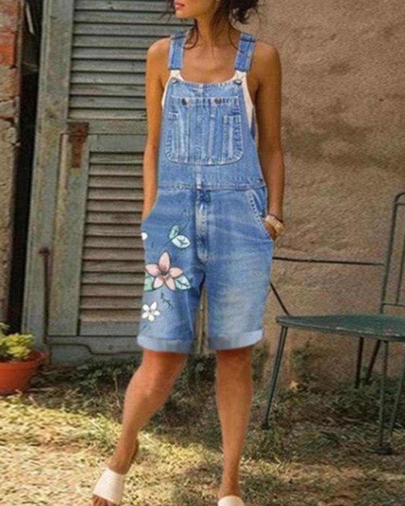 

Floral Knee Length Denim Overalls, Light blue
