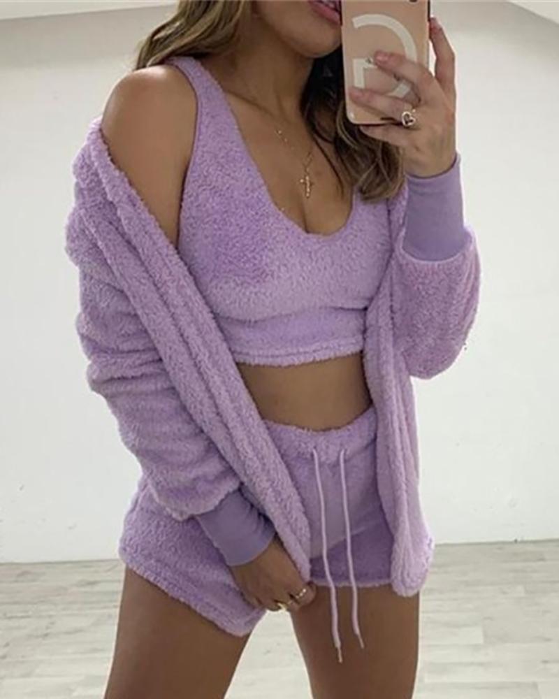 

Teddy Crop Top & Drawstring Shorts & Hooded Cardigan Set, Purple