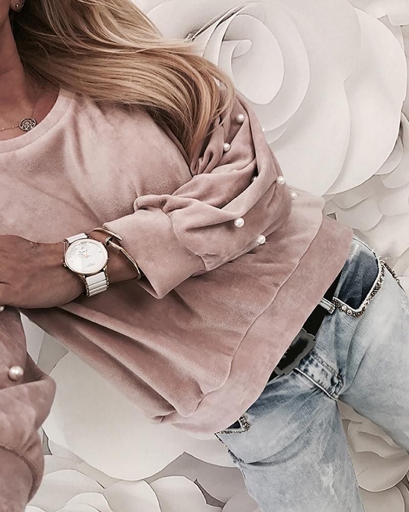 

Beads Embellished Long Sleeve Casual Sweatshirt, Pink