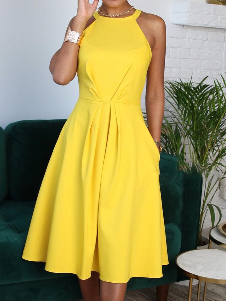 

Solid Sleeveless Waist Ruched Casual Dress, Yellow