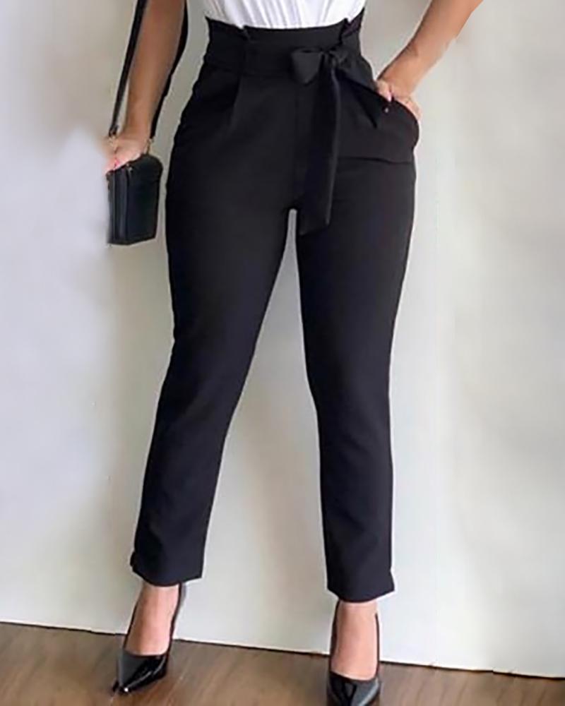

High Waist Paperbag Waist Casual Pants, Black