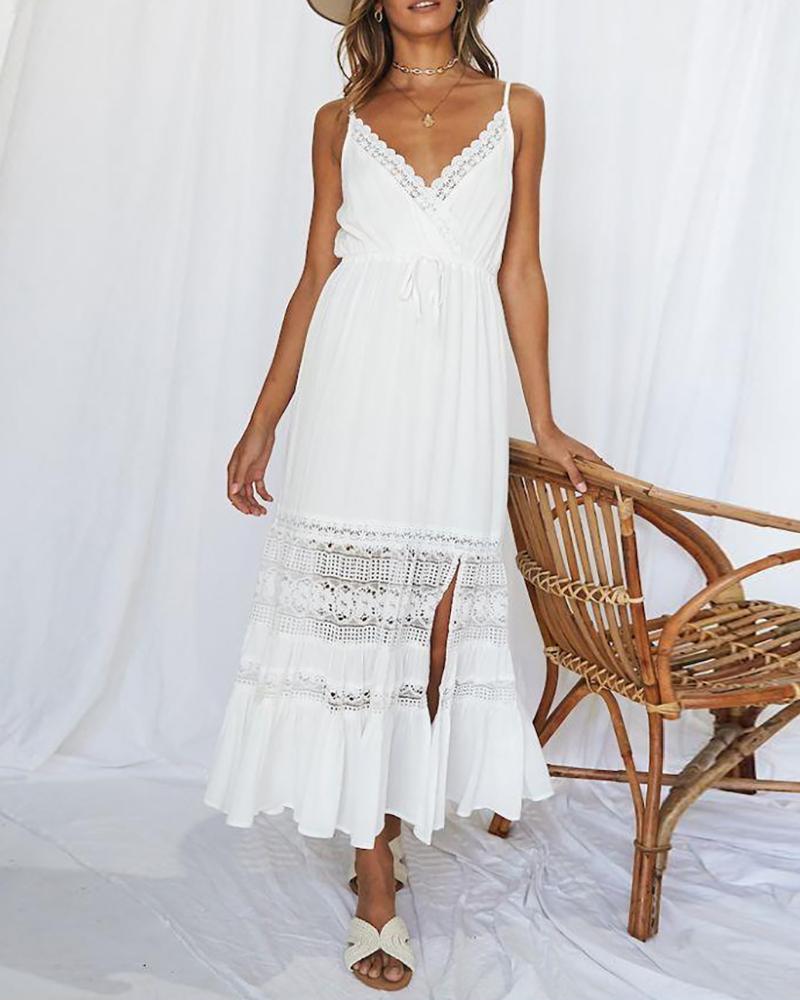 

Crochet Lace Insert Hollow Out Maxi Dress, White
