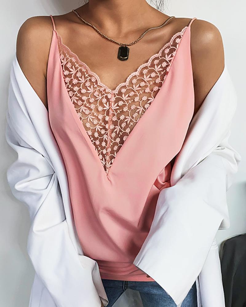 

Spaghetti Strap Lace Trim Top, Pink