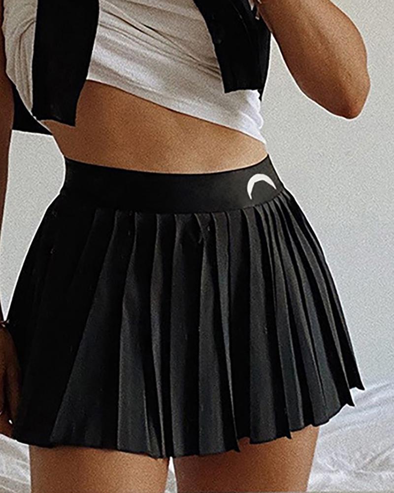 

High Waist Moon Detail Pleated Skirt, Black