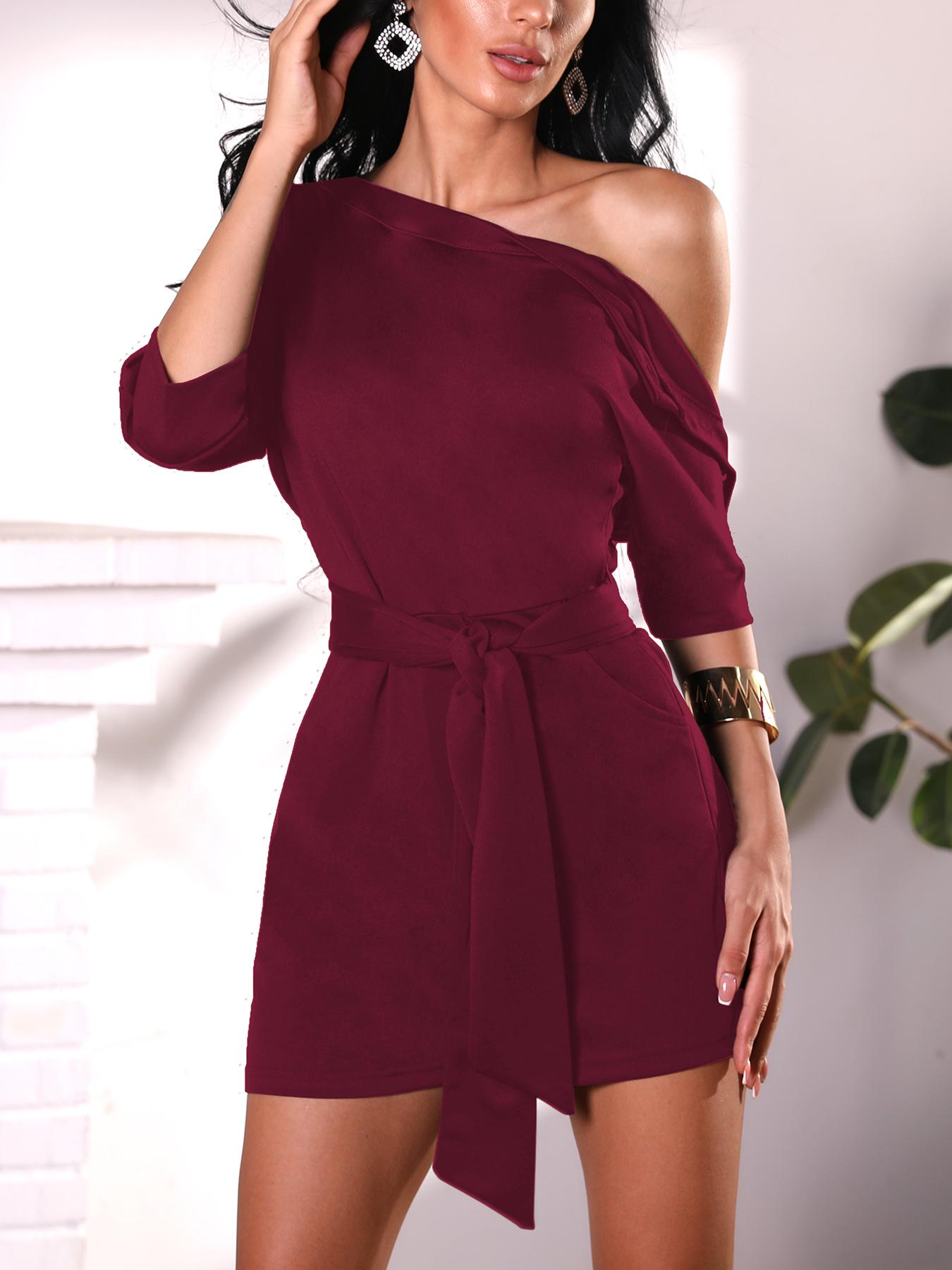 

Skew Neck Batwing Sleeve Belted Playsuit
