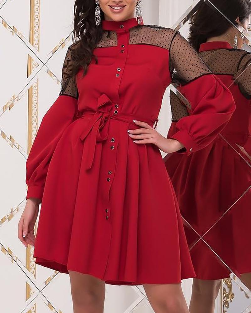 

Dot Mesh Insert Lantern Sleeve Dress, Red