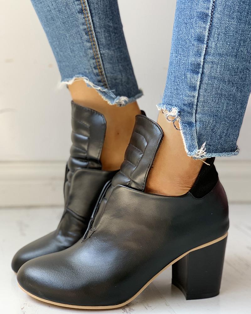 

Solid Pointed Toe PU Chunky Heeled Boots, Black