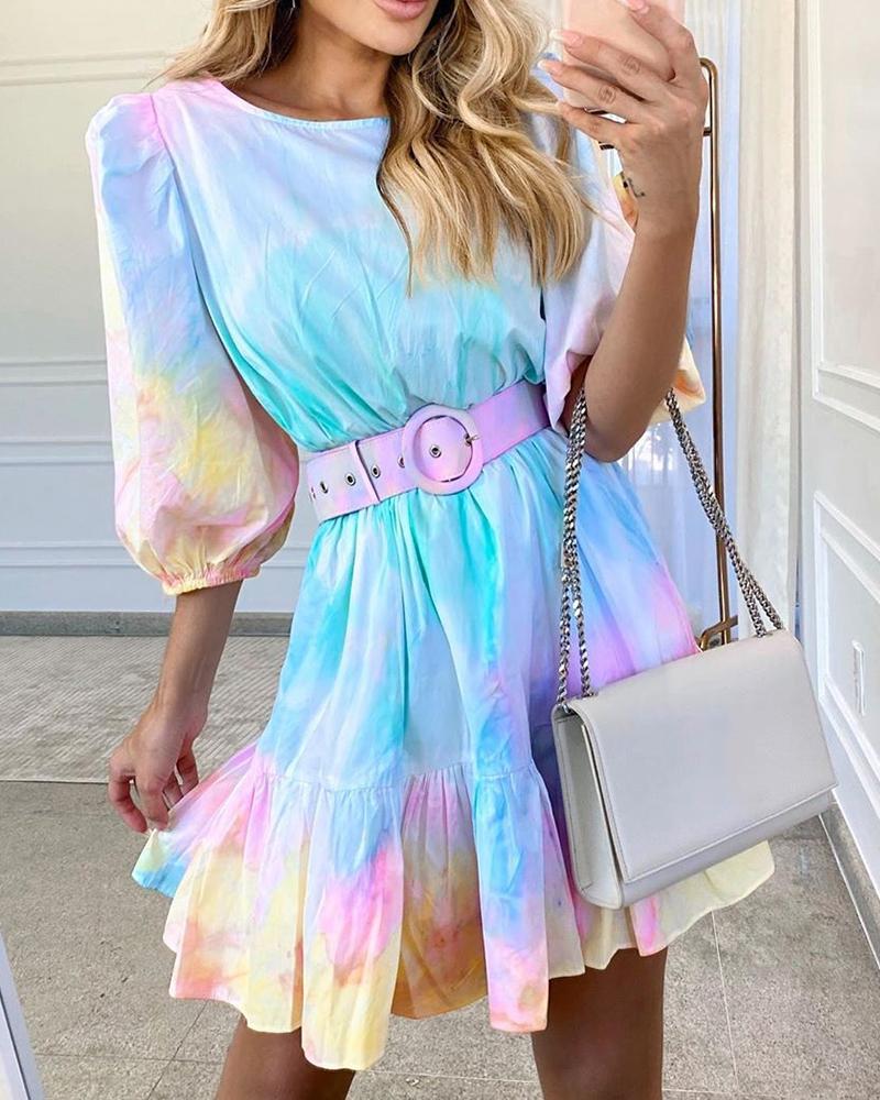 

Gradient Color Tie Dye Print Ruffles Dress, Blue