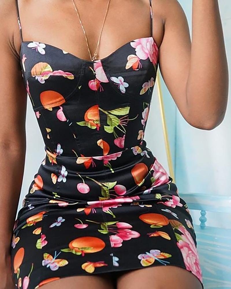 

Butterfly Floral Print Bodycon Dress, Black