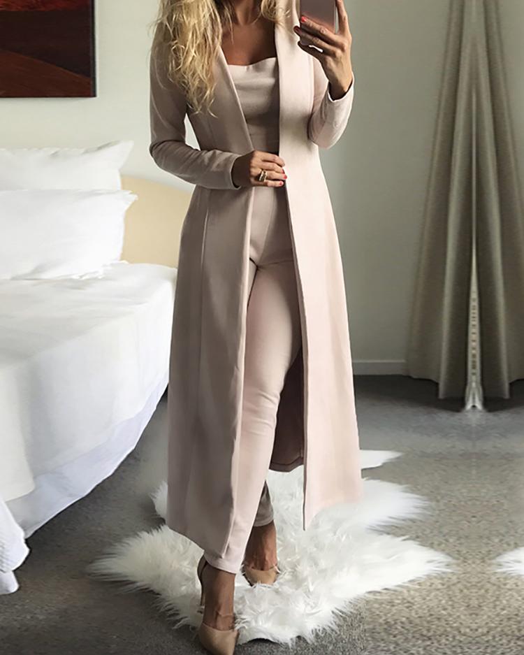 

3PCs Solid Cardigan Coat With Top and Pants, Beige