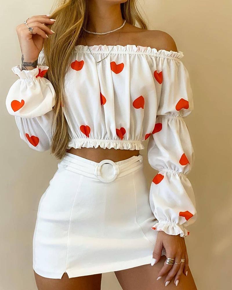 

Heart Printing Ruffle Long Sleeve Suit Sets, White