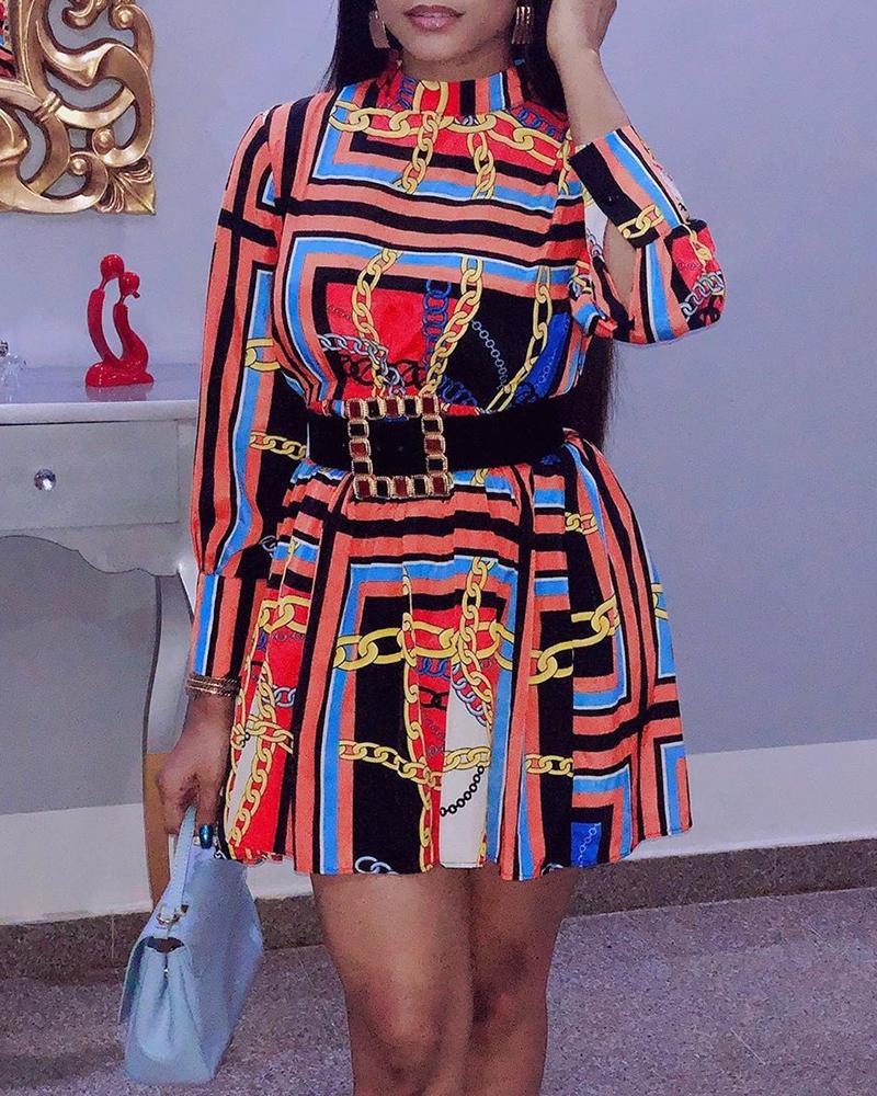 

Chain Print Colorblock Long Sleeve Dress, Multicolor