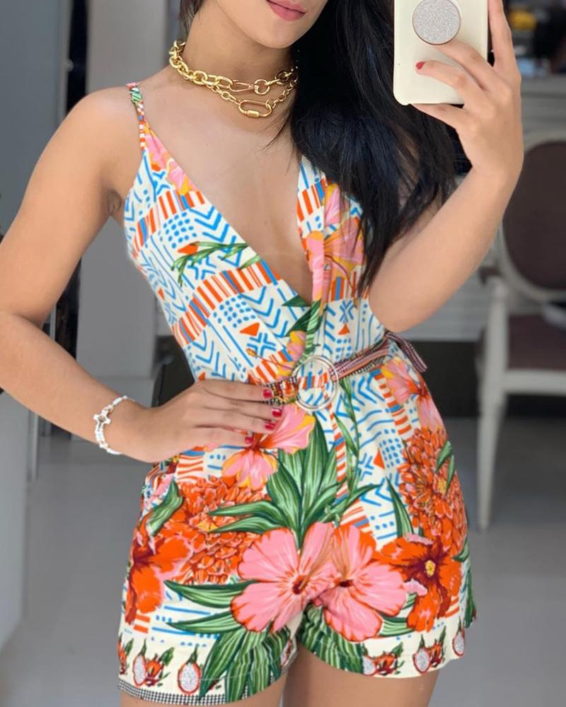 

Plunge Plant Print Spaghetti Strap Casual Romper, Multicolor