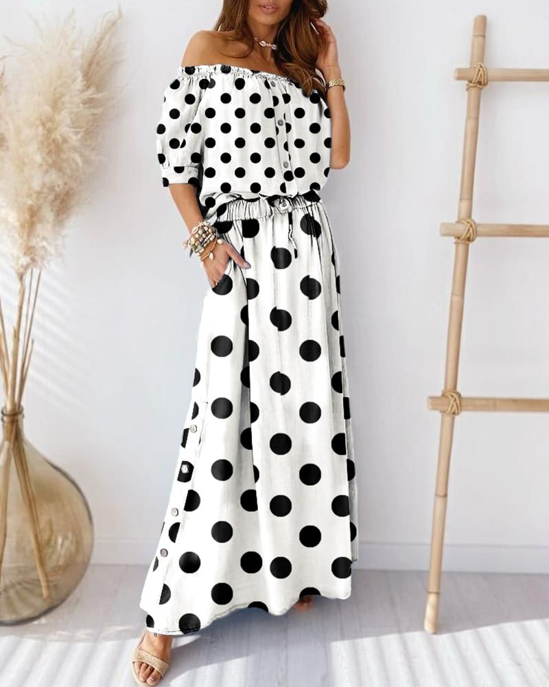 

Polkadot Print Off Shoulder Button Top & Maxi Skirt Sets, White